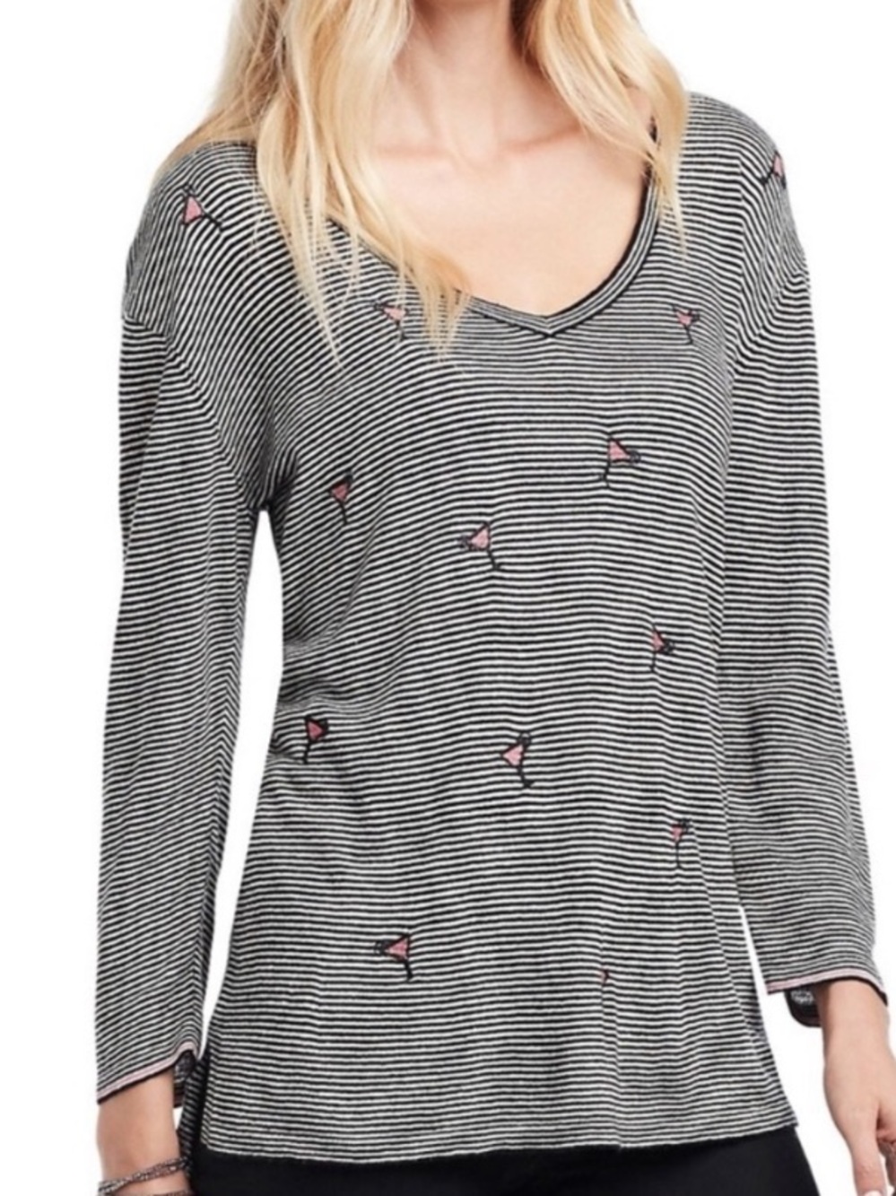 Nic Zoe Sweater Top Womens XL Linen Cosmo Cocktail Embroidered Striped Novelty